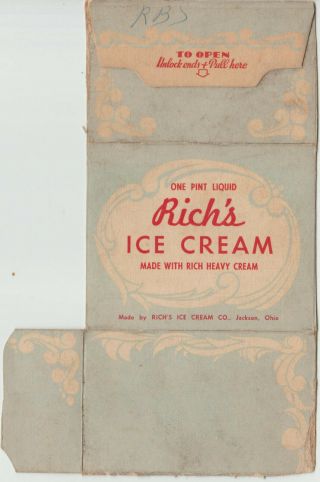 Vtg 1950s Richs Ice Cream Jackson Ohio Packaging One Pint Carton Blue Flattened