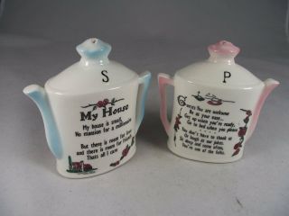 Vintage Japan Ceramic Message Teapot Salt And Pepper My House Collectible
