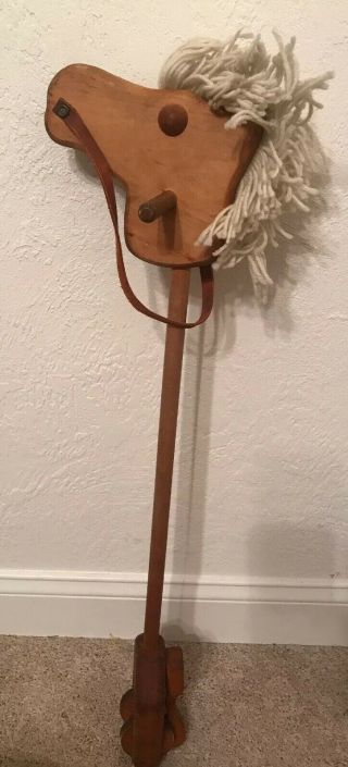 Wooden Stick Horse With Wheel And Brake.  Leather Reins,  Yarn Mane.