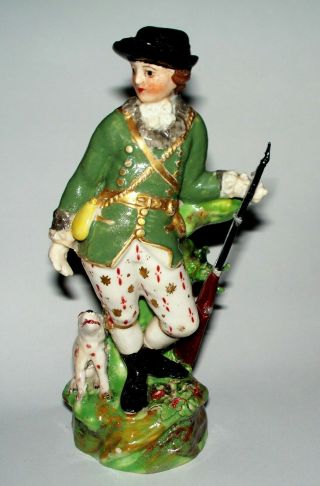 Antique England " Derby " Figurine Of Soldier / Hunter And His Dog Ca.  1770