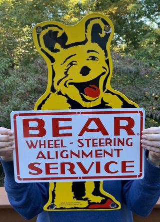 Vintage 1955 Dated Double Sided Bear Porcelain Sign 20 X 13.  5 Rare