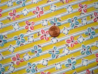 Floral Stripe On Yellow Vtg Feedsack Quilt Sewing Doll Clohtes Craft Fabric