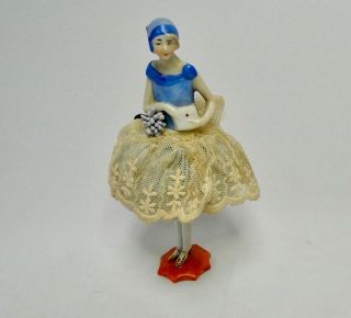 Antique Porcelain Half Doll Pin Cushion With Legs 9