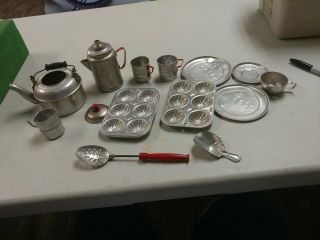 14 Pc Vintage Child Aluminum Tin Dish Set,  Teapot Dishes Cups Baking Tin