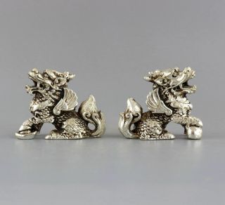 Collect Handwork Old Miao Silver Carved Pair Myth Kylin Moral Bring Luck Statue