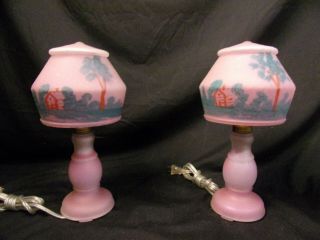 Vintage Czech Pretty In Pink Green Reverse Painted Boudoir Lamps 20 