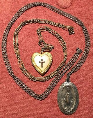 Antique Oh Mary Pray For Us Medal Sterling Mop Heart Cross Locket Necklace