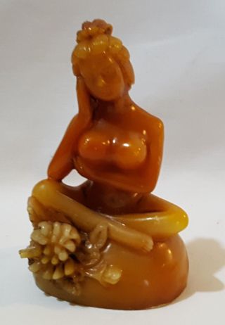 Chinese Carved Amber Vintage Art Deco Antique Woman & Lotus Flower Figurine