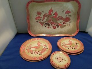 Vtg Set Of 14 Piece Childs Tin Litho Dishes With Doves & Floral Motif