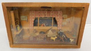 Primitive Tramp Folk Art Diorama Box Equestrian Horse Stable Farm House