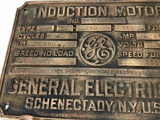 Vintage General Electric GE Induction Motor base/name plate solid brass (A4) 3