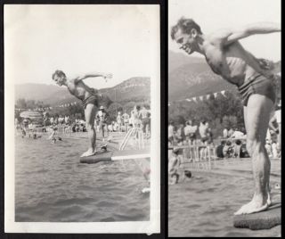 Ripped Braggart Pool Stud Diving Board Show - Off Man 1950s Vintage Photo Gay