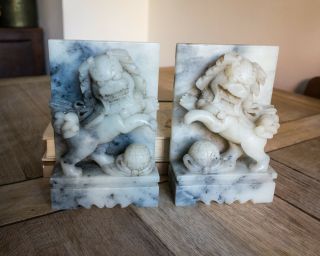 7 " Vintage Chinese Hand Carved Stone Foo Dog Guardian Lion Dog Bookends