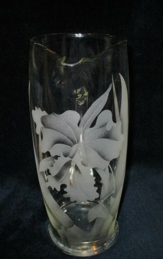 Hawaii Vintage Etched Glass Pitcher Orchid 9 3/4 " Tall