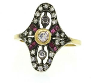 Victorian Antique 18k Yellow Gold And Silver Diamond And Ruby Cocktail Ring