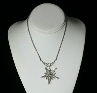 Vintage Signed Crown Trifari Clear Rhinestone Dangling Snowflake Necklace