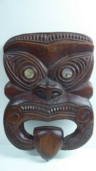Vintage Maori Tiki Carved Head Statue Mask Paua Shell Eyes Zealand