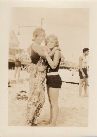 Vintage Photo Cute Girls In Old Early Bathing Suits Hugging Posing On Beach