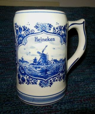 Heineken Beer Mug Stein Hand Painted Delft Blue Holland Dutch Delftware Pottery