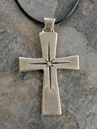 Gorgeous Antique Taxco Mexico 925 Sterling Silver Cross On 15 " Black Cord.