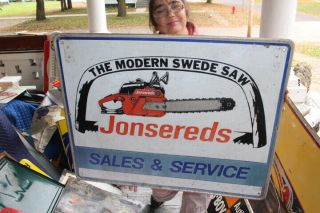 Vintage Jonsereds Chain Saws Farm Tool Gas Oil 34 " Embossed Metal Sign