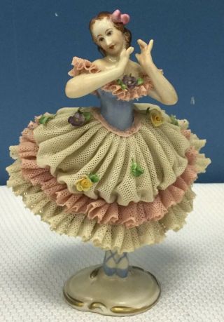 Antique 6” Volkstedt Dresden Lace Porcelain Dancing Lady Ballerina Figurine