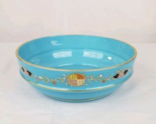 Antique Blue Opaline Glass Gold Gilt Enameled Brides Bowl Basket 19th Century