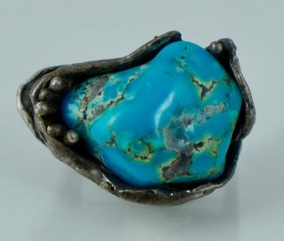 Native American Sterling Silver Blue Turquoise Ring Vintage Heavy Modernist Old