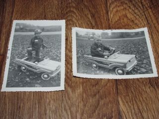 Two Vintage Photos Of A Little Boy In A Pedal Car In Army Uniform,  1964,