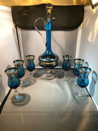 Antique Wine Decanter With 6 Glasses Cobalt Blue With Gold Overlay