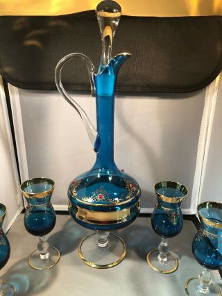 Antique Wine Decanter With 6 Glasses Cobalt Blue With Gold Overlay 2