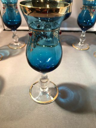 Antique Wine Decanter With 6 Glasses Cobalt Blue With Gold Overlay 3