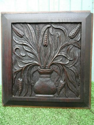 Mid 19th C Wooden Oak Relief Carved Panel: Flowers,  Leaves In Vase C1860s