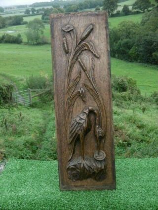 19thc Black Forest Oak Carved Panel With Water Bird Amongst Reeds C.  1870
