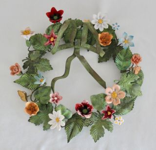 Vtg Dresden Petite Choses Painted Metal Wreath With Butterflies & Bisque Flowers