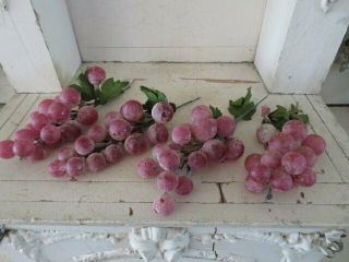 4 Bunches Gorgeous Old Vintage Glass Grapes On Stems Leaves Cranberry Pink
