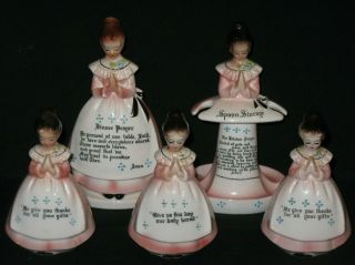 5 Vintage Enesco Mother In Kitchen Prayer Figurines Napkin Holder Spoon Storage