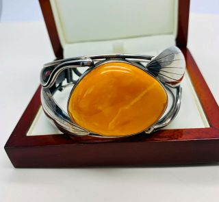 Vintage Jewellery Sterling Silver Butterscotch Amber Art Nouveau Design Bangle