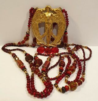 Vintage Art Deco Angel Lady Necklace With Czech Cranberry Glass & Garnet Beads