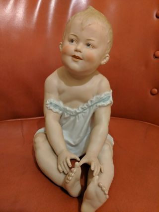 Antique Gebruder Heubach Piano Baby Large Boy Toes Bisque Porcelain Limited 9.  5 "