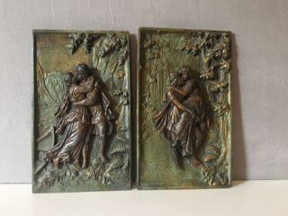 Antique Bronzed Spelter Wall Plaques Figural Scene Romantic Lovers High Relief