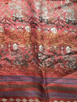 Vintage Embroidered Chinese Silk Table Runner With Asian Men Pattern