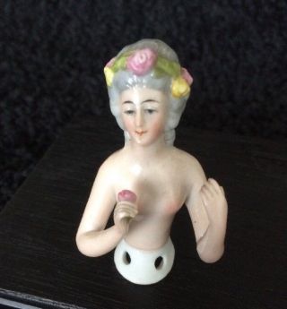 Antique Porcelain Half Doll Nude Germany Pink,  Yellow,  Green Flower Pin Cushion