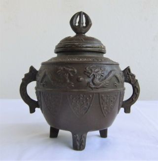 Chinese Cast Iron Incense Burner Dragon Design Marked On Bottom