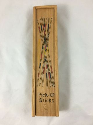 Vintage Wooden Pick Up Sticks In Wood Slide Top Box