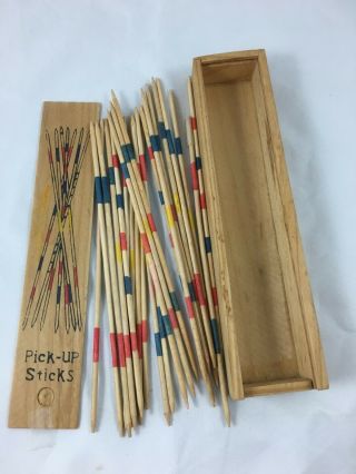 Vintage Wooden Pick Up Sticks In Wood Slide Top Box 2