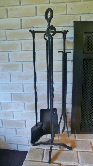 Vintage Five Piece Set Fireplace Tools Black Wrought Iron With Holder