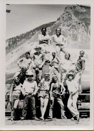 Vintage Photo Group Of Men And Women Hippies Posing By Water Truck