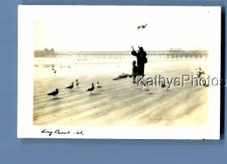 Found B&w Photo K_1114 Woman On Beach With Boy,  Birds