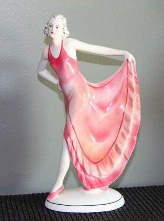 Gorgeous Art Deco German Katzhutte Figurine Dancing Lady In Pink 8 1/4 X 5